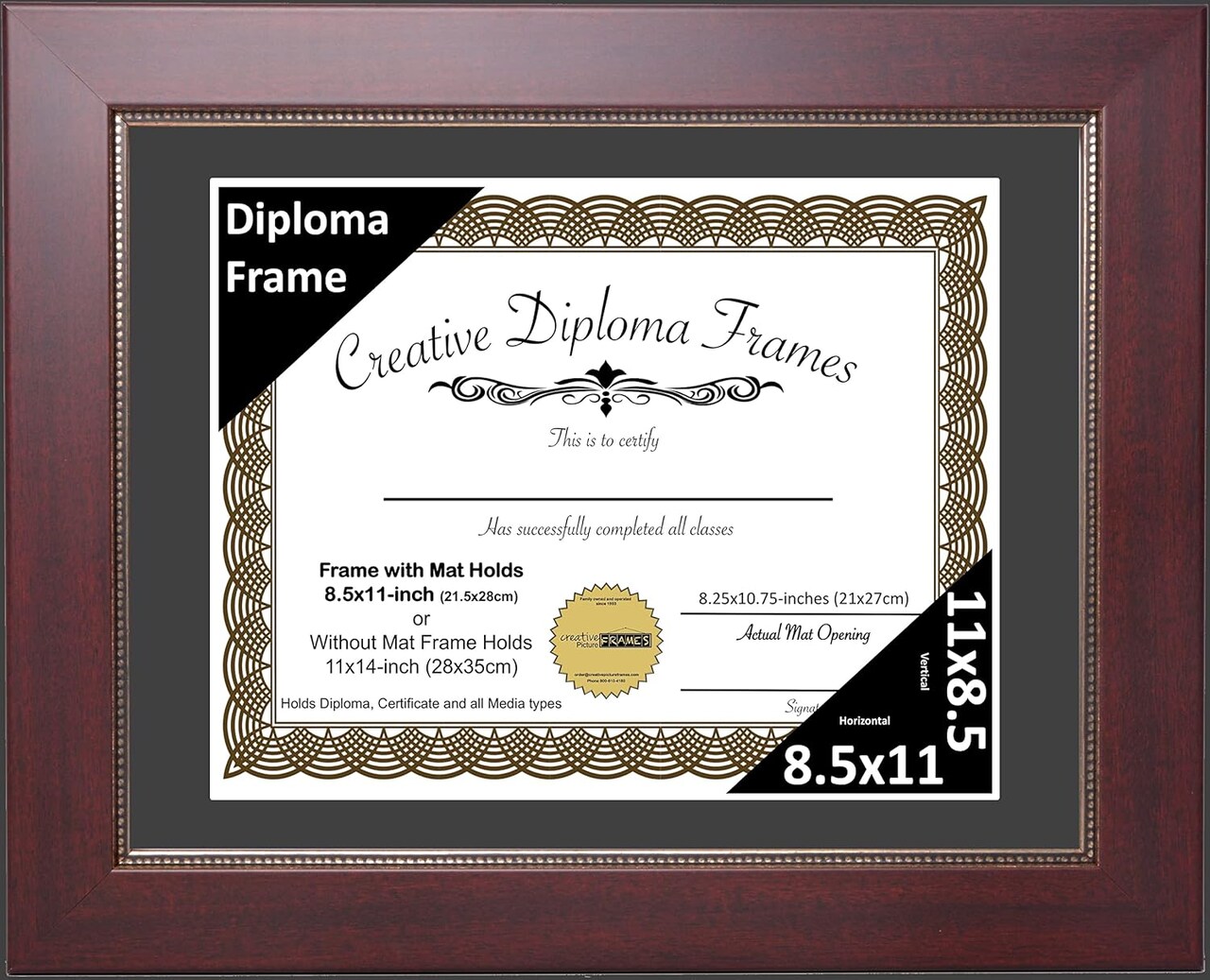 8.5x11-inch Matted Mahogany Diploma Frame with Printed Gold Relief with Self Standing Easel and Installed Wall Hangers